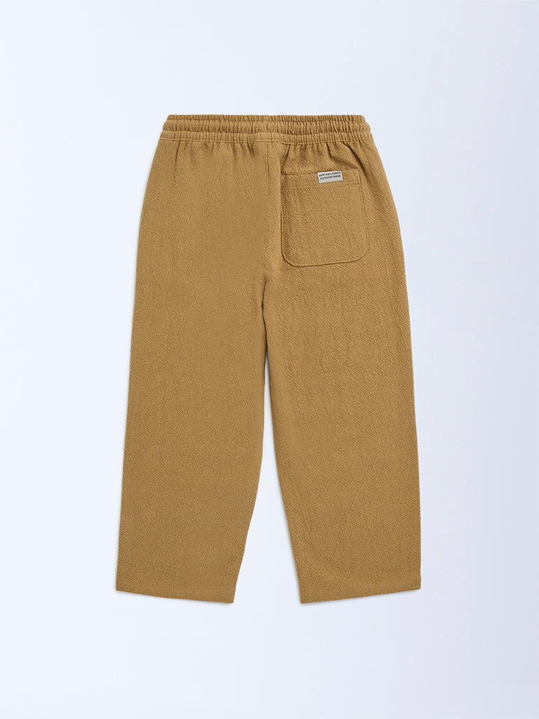 HOP Kids Mustard Solid Mid-Rise Cotton Trousers