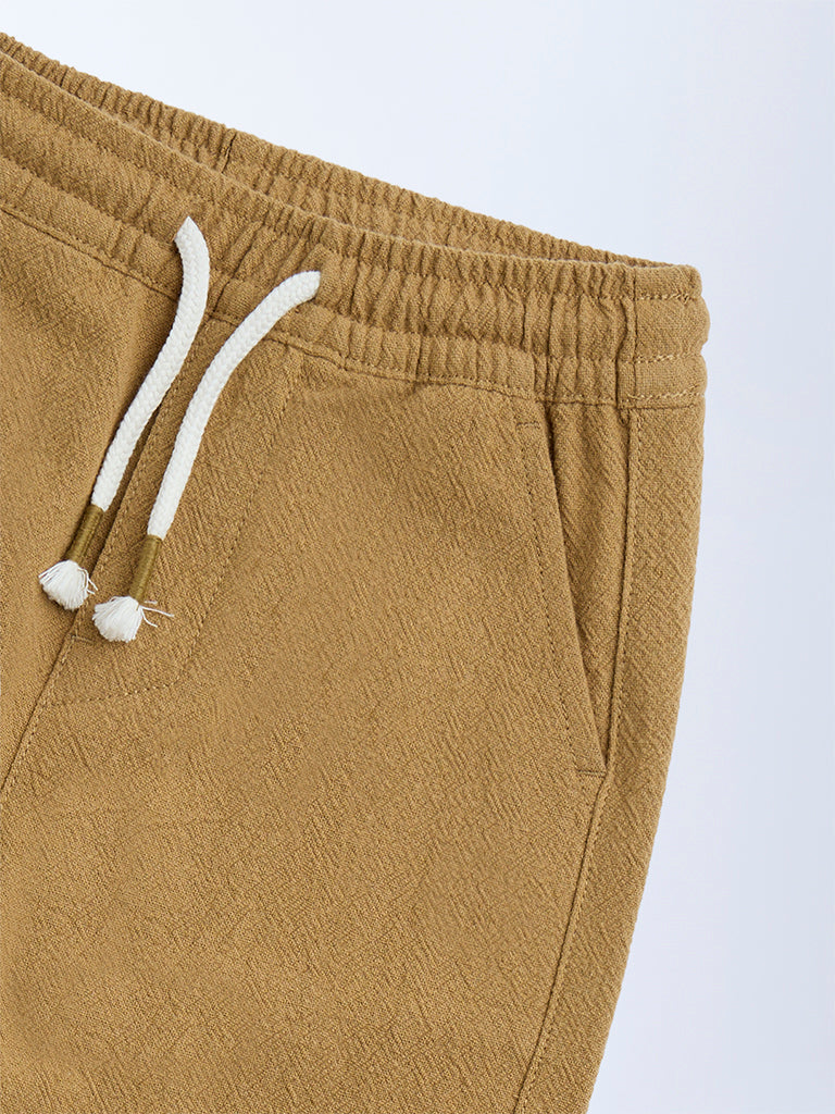 HOP Kids Mustard Solid Mid-Rise Cotton Trousers