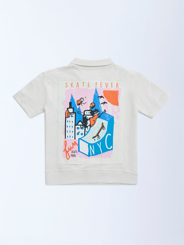 HOP Off-White Cityscape-Inspired Cotton Polo T-Shirt