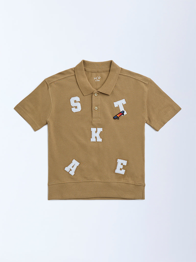 HOP Brown Typographic Cotton Polo T-Shirt