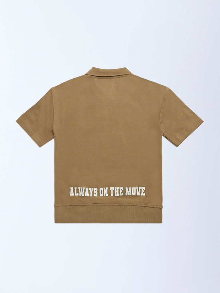 HOP Brown Typographic Cotton Polo T-Shirt