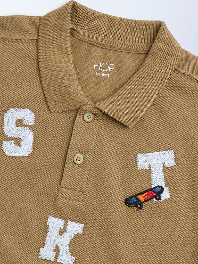 HOP Brown Typographic Cotton Polo T-Shirt