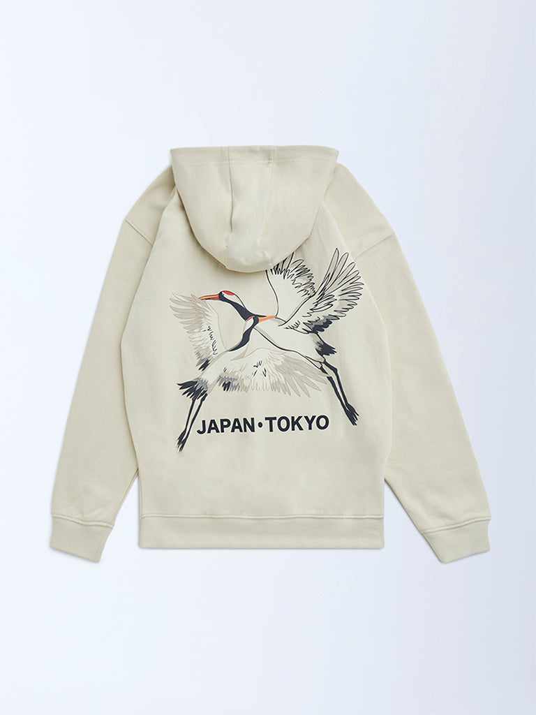 Y&F Kids Beige Bird Design Cotton-Blend Hoodie