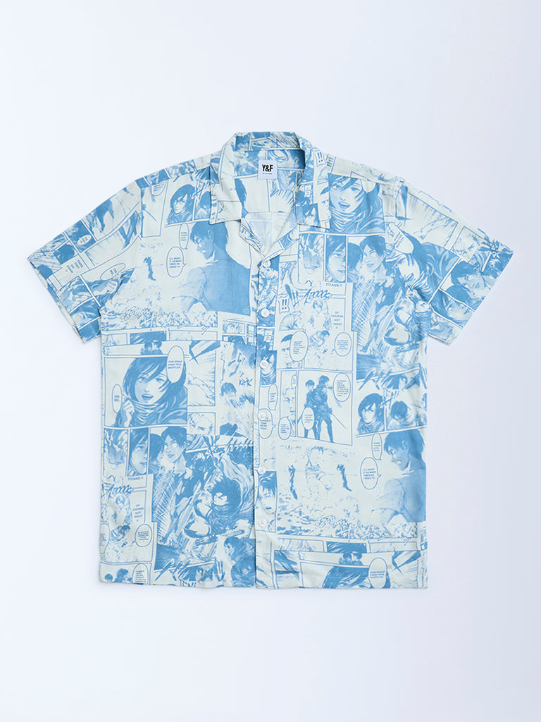 Y&F Kids Blue Printed Resort-Fit Shirt