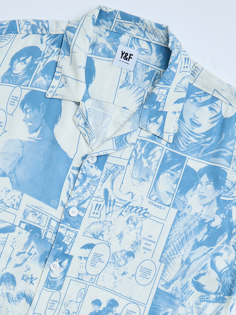 Y&F Kids Blue Printed Resort-Fit Shirt