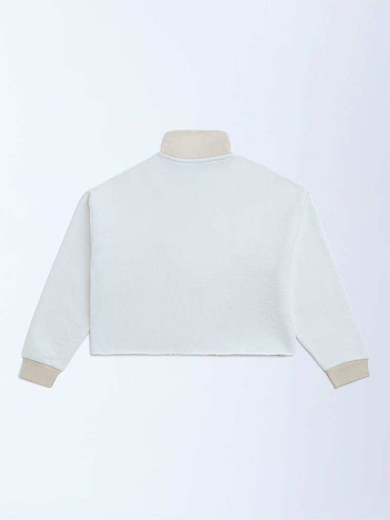 Y&F Kids Beige Cotton-Blend Three-Quarter Zip Sweatshirt