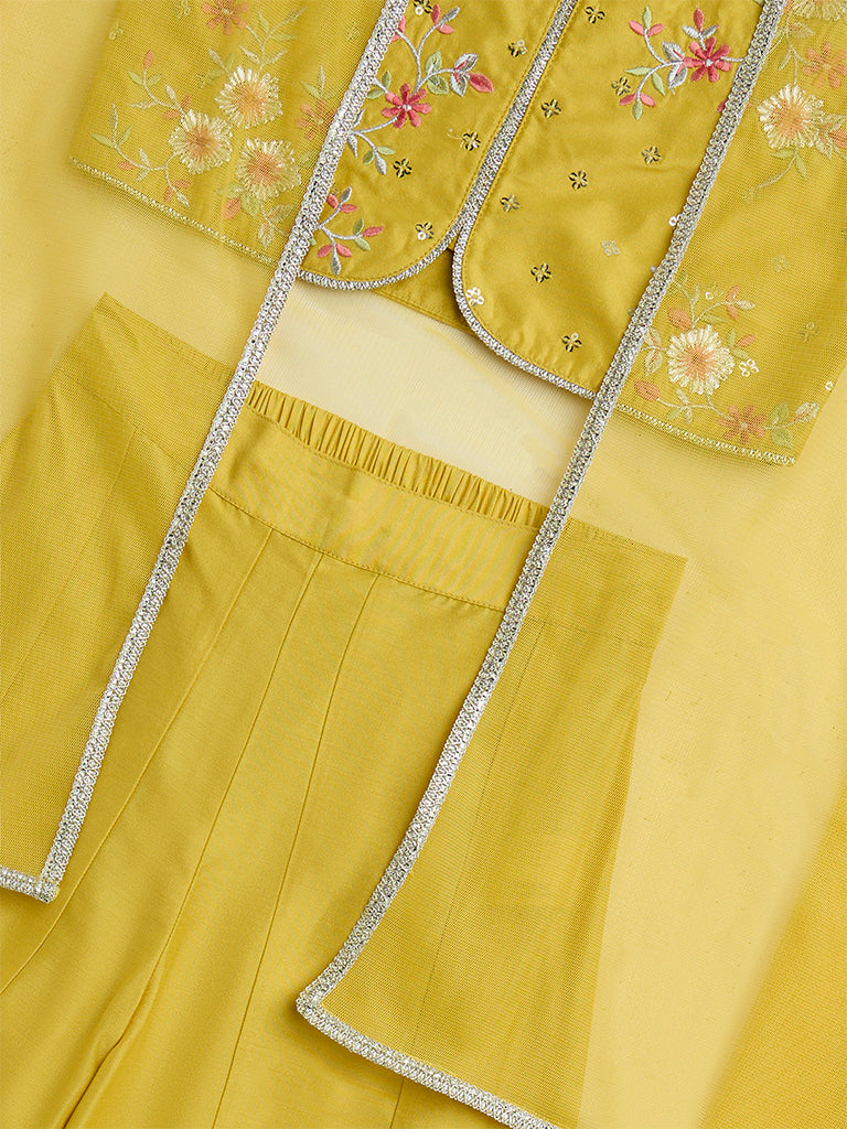 Utsa Kids Yellow Floral Embroidered Ethnic Set - (2-8yrs)