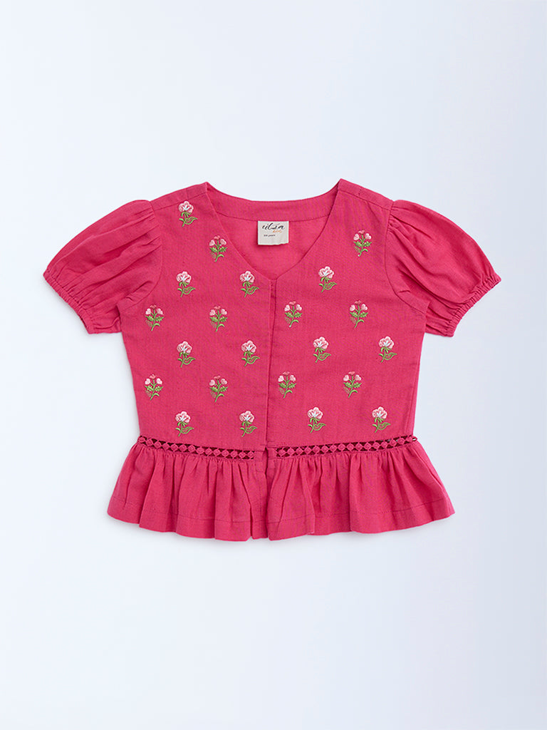 Utsa Kids Fuchsia Embroidered Cotton-Blend Ethnic Top - (2-8yrs)