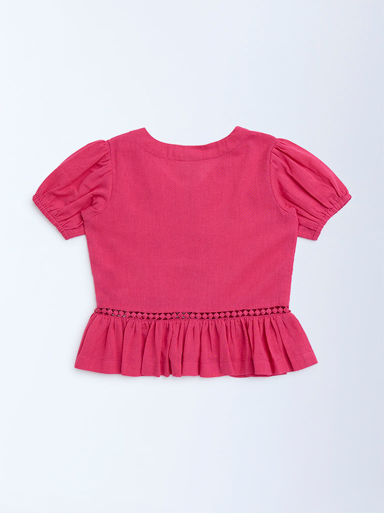Utsa Kids Fuchsia Embroidered Cotton-Blend Ethnic Top - (2-8yrs)