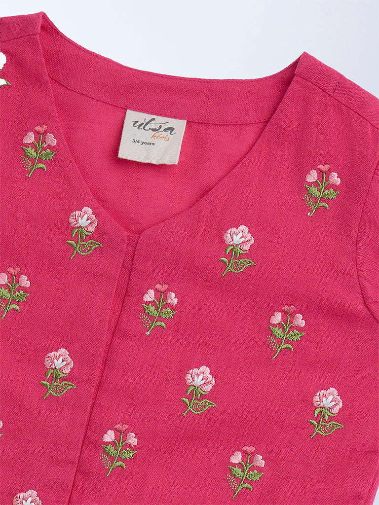 Utsa Kids Fuchsia Embroidered Cotton-Blend Ethnic Top - (2-8yrs)