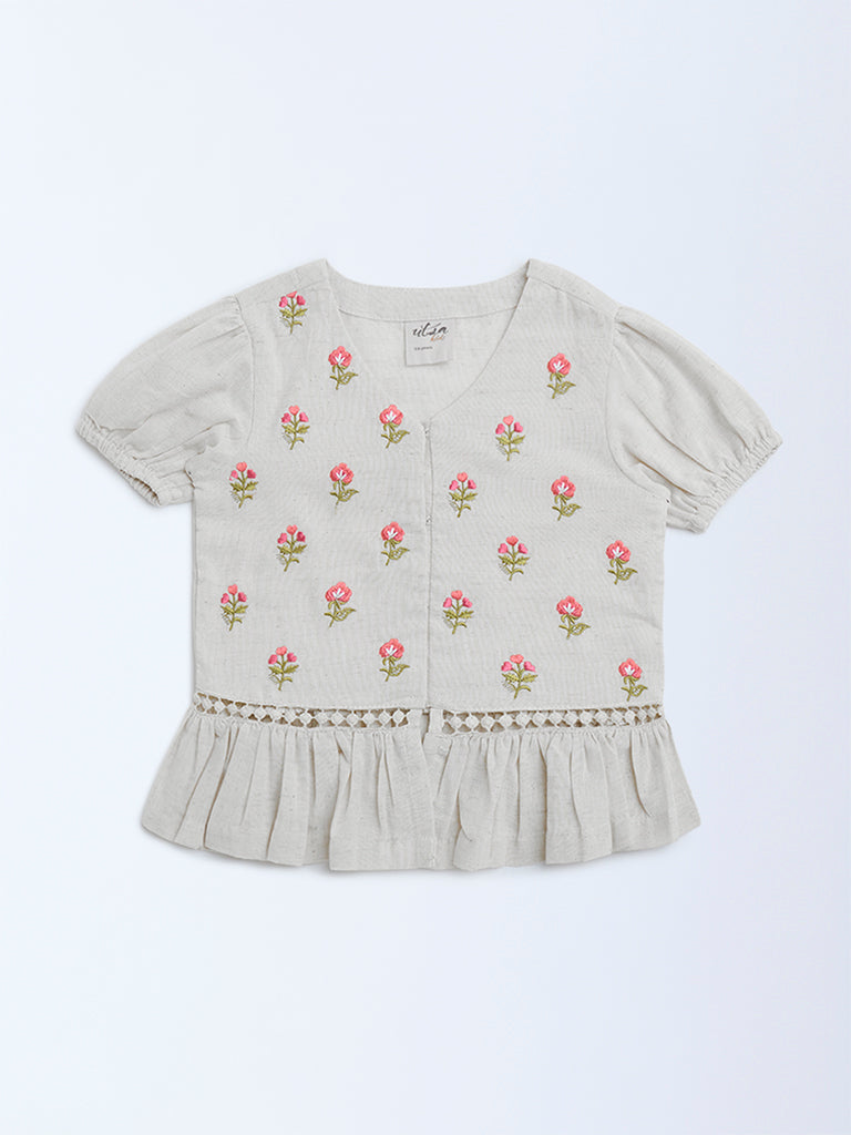 Utsa Kids Off-White Embroidered Cotton-Blend Ethnic Top - (2-8yrs)