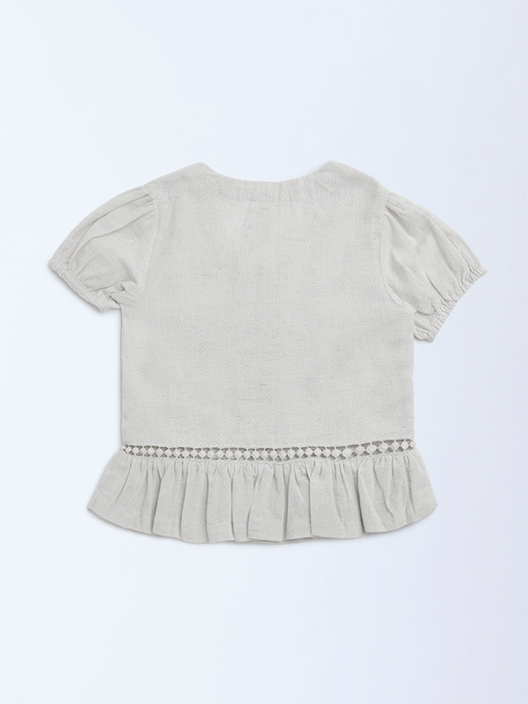 Utsa Kids Off-White Embroidered Cotton-Blend Ethnic Top - (2-8yrs)