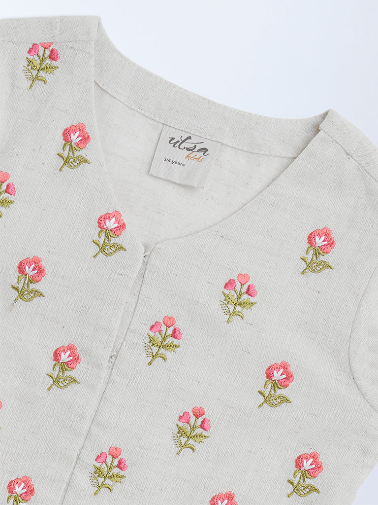 Utsa Kids Off-White Embroidered Cotton-Blend Ethnic Top - (2-8yrs)