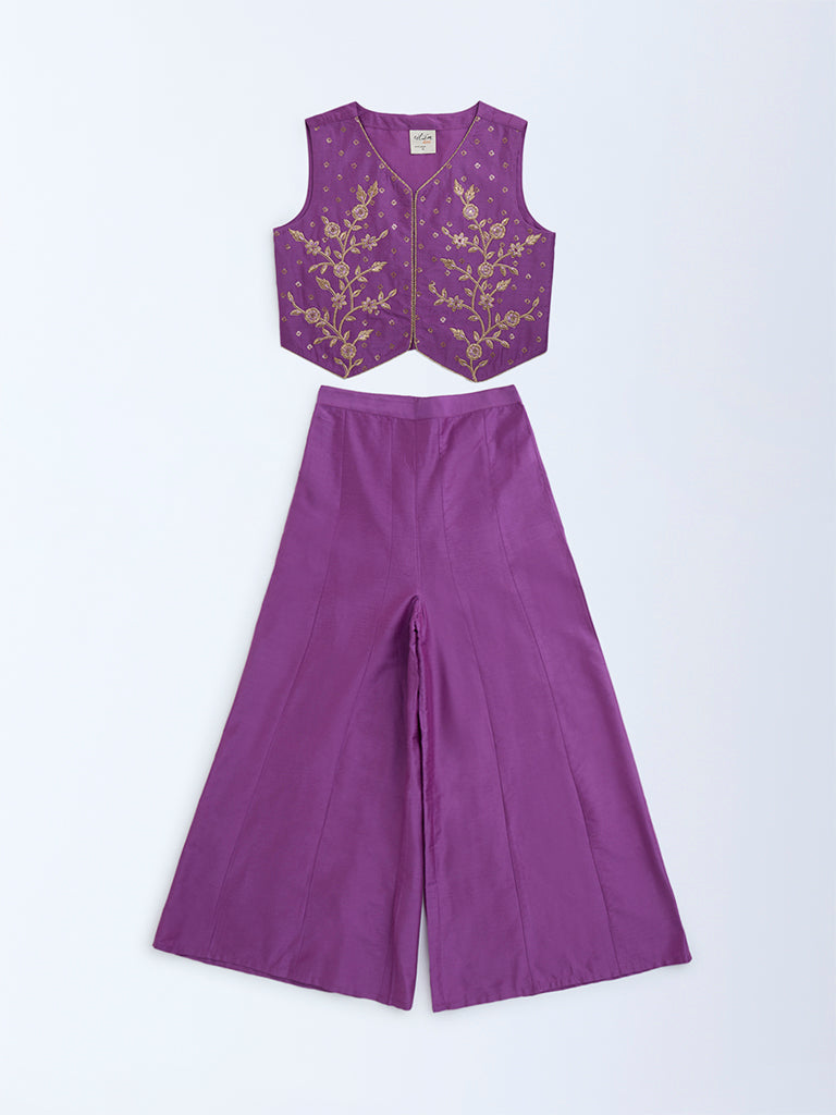Utsa Kids Purple Floral Embroidered Ethnic Set - (8-14yrs)