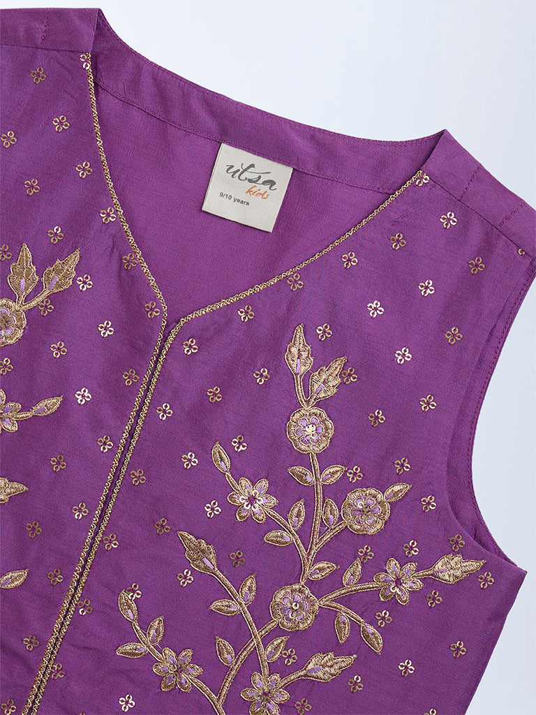 Utsa Kids Purple Floral Embroidered Ethnic Set - (8-14yrs)