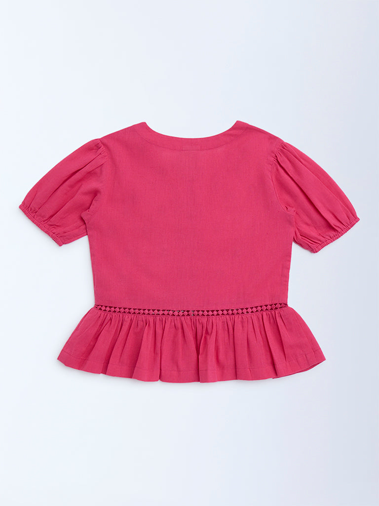 Utsa Kids Fuchsia Embroidered Cotton-Blend Ethnic Top - (8-14yrs)