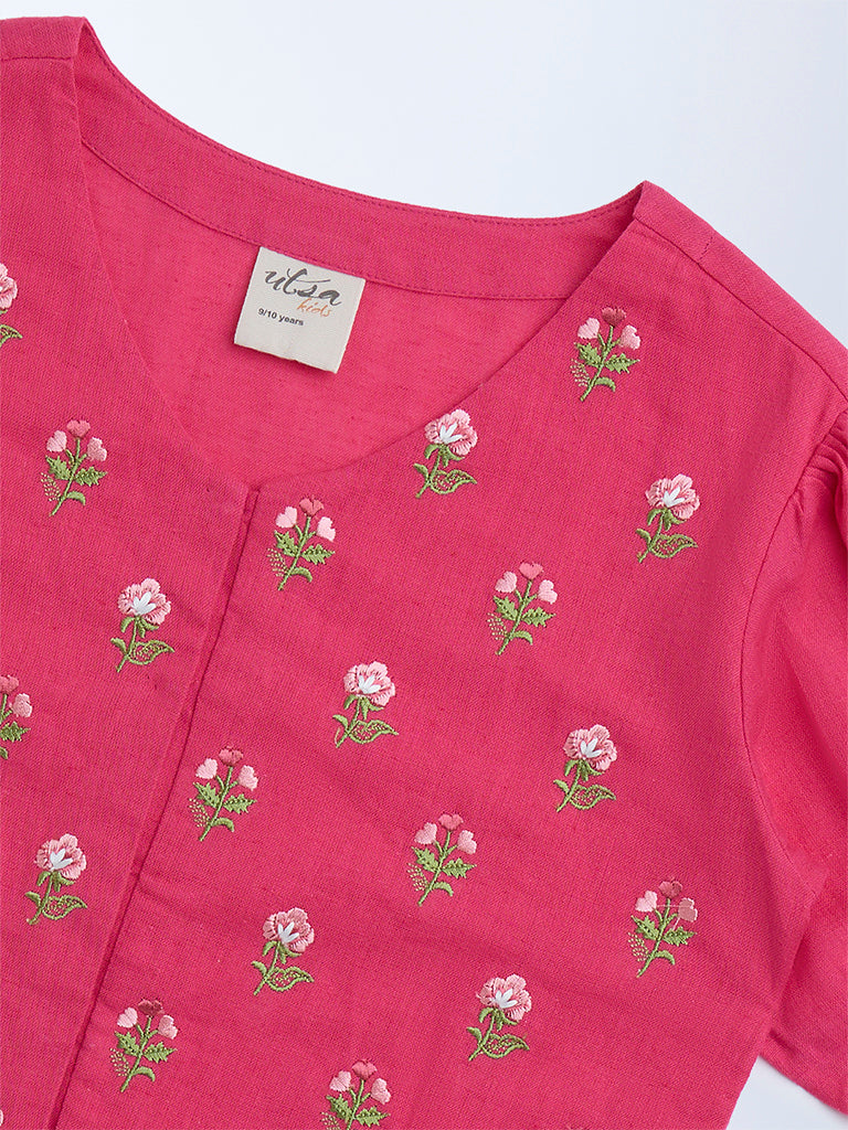 Utsa Kids Fuchsia Embroidered Cotton-Blend Ethnic Top - (8-14yrs)