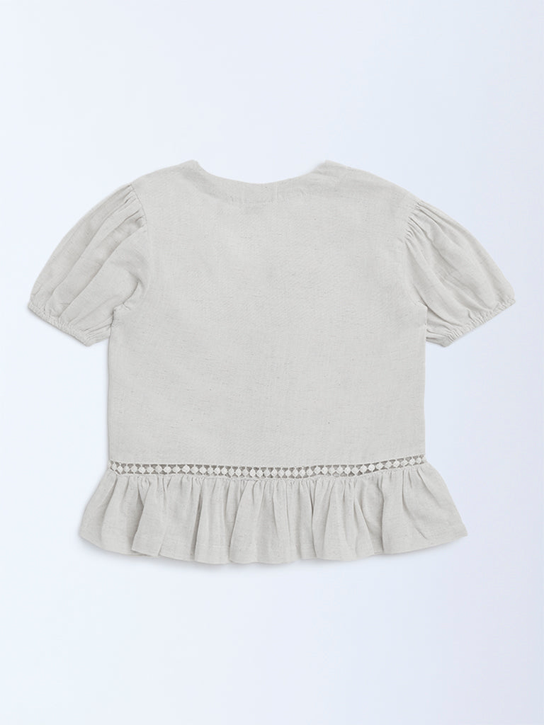 Utsa Kids Off-White Embroidered Cotton-Blend Ethnic Top - (8-14yrs)