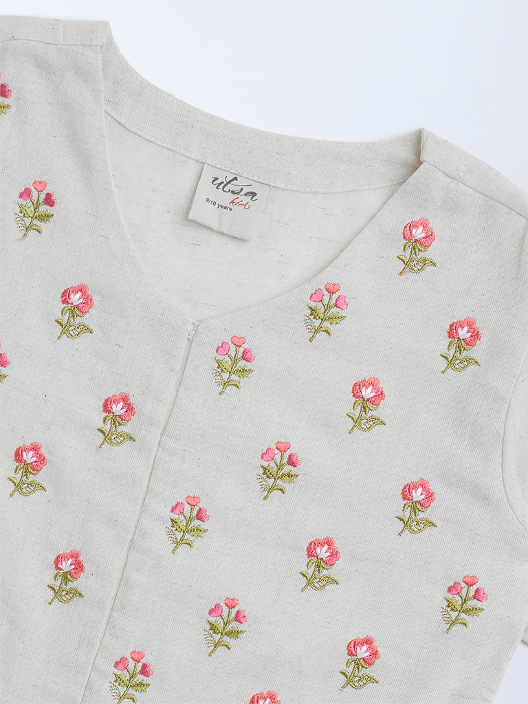 Utsa Kids Off-White Embroidered Cotton-Blend Ethnic Top - (8-14yrs)