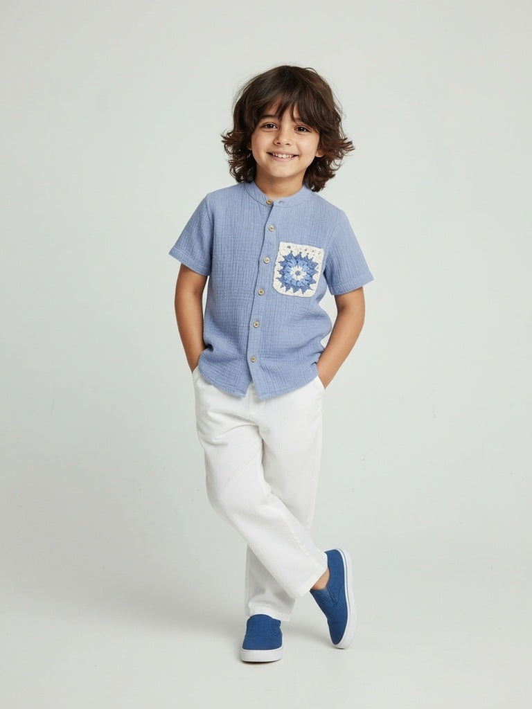 HOP Kids Kids Dusty Blue Crinkle-Textured Cotton Shirt