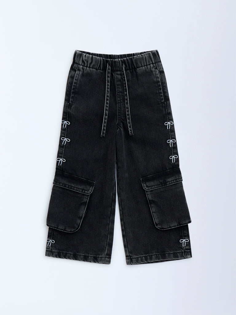 HOP Kids Charcoal Cargo-Style Wide-Leg Mid-Rise Jeans