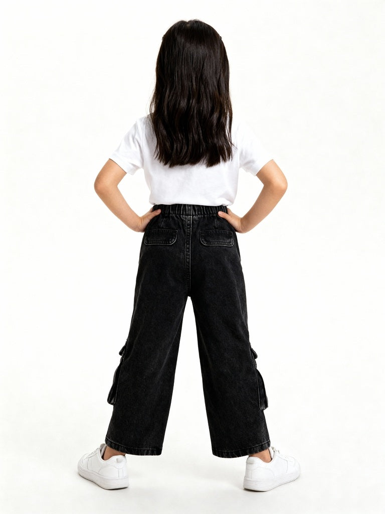 HOP Kids Charcoal Cargo-Style Wide-Leg Mid-Rise Jeans