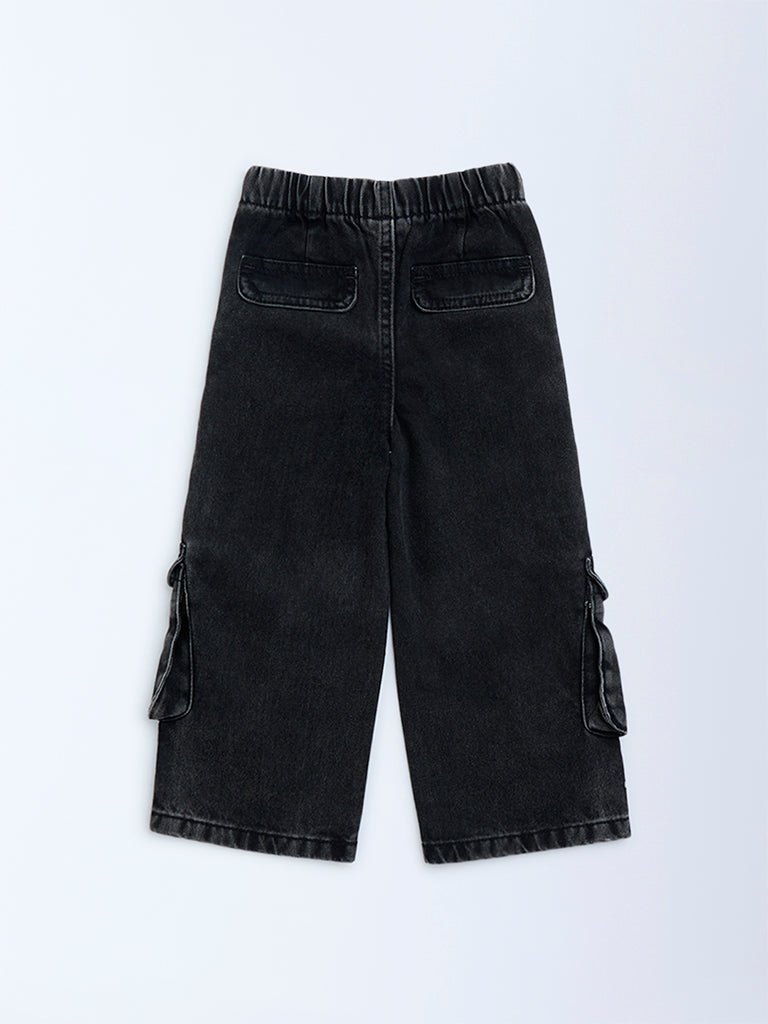 HOP Kids Charcoal Cargo-Style Wide-Leg Mid-Rise Jeans