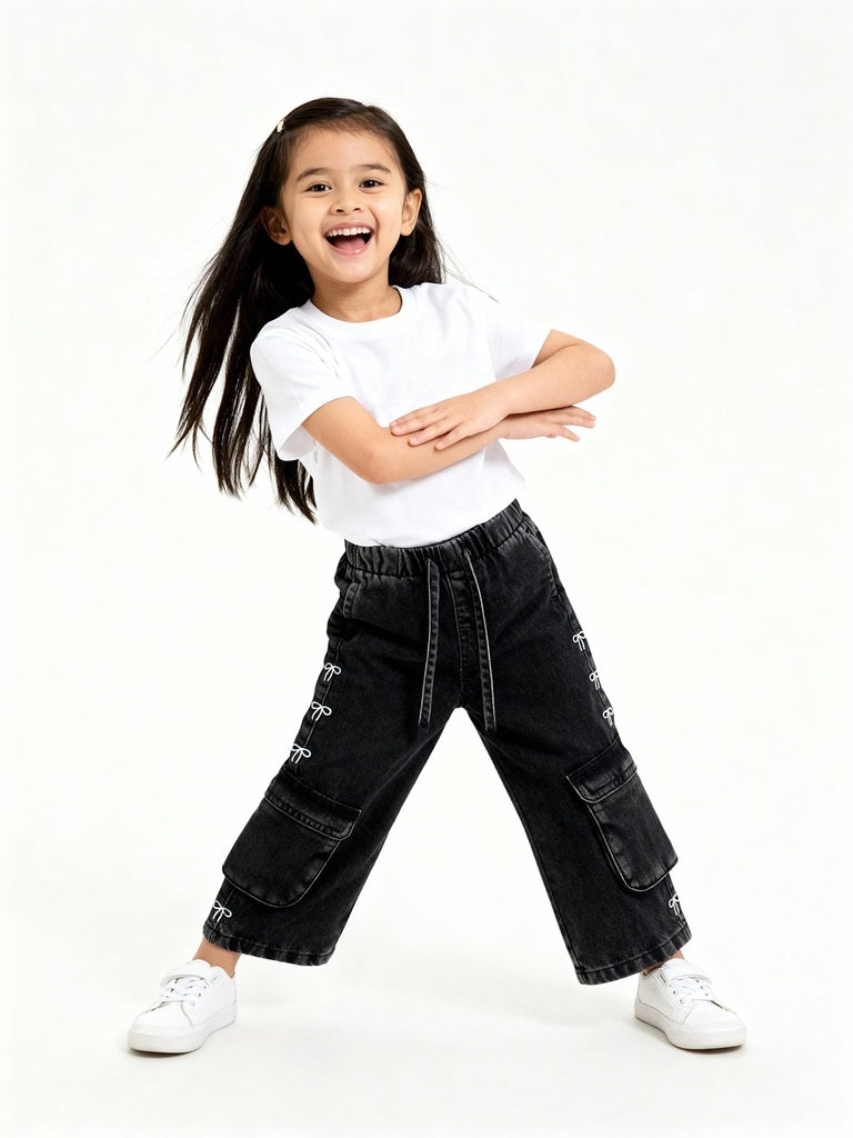 HOP Kids Charcoal Cargo-Style Wide-Leg Mid-Rise Jeans