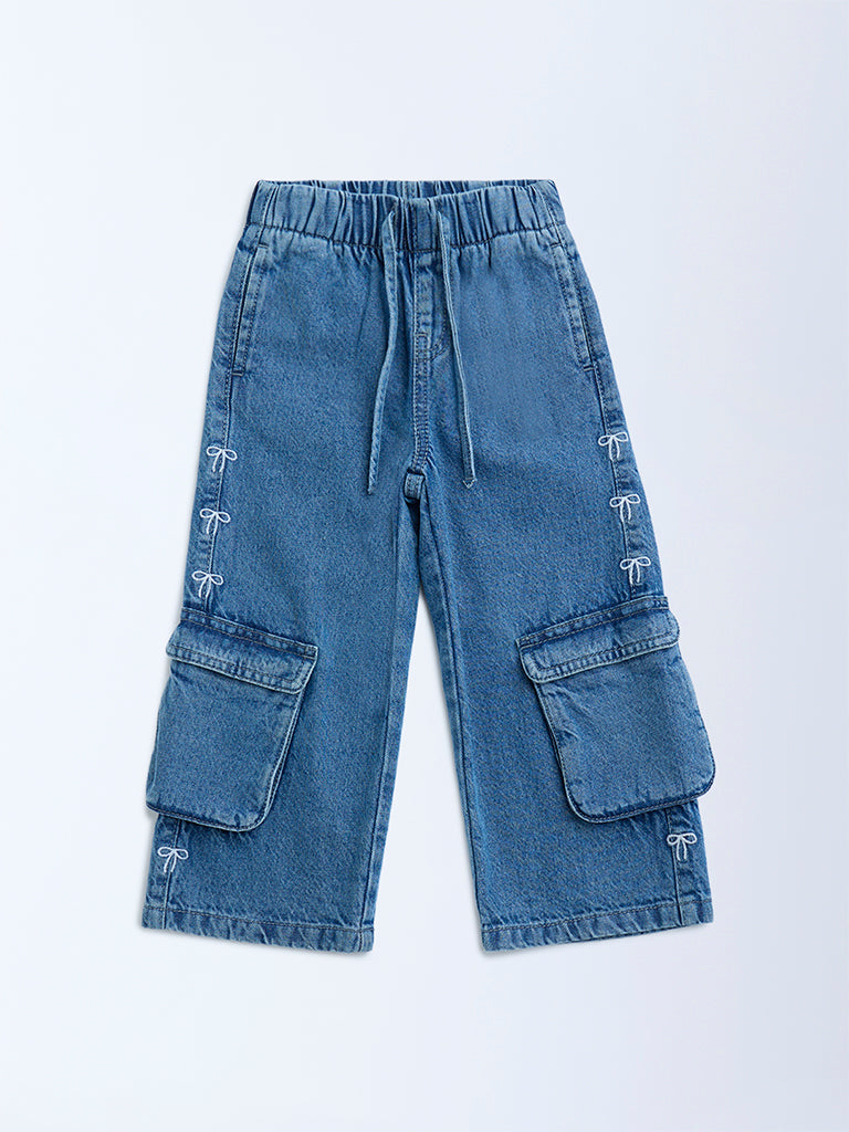 HOP Kids Blue Bow-Detailed Wide-Leg High-Rise Jeans