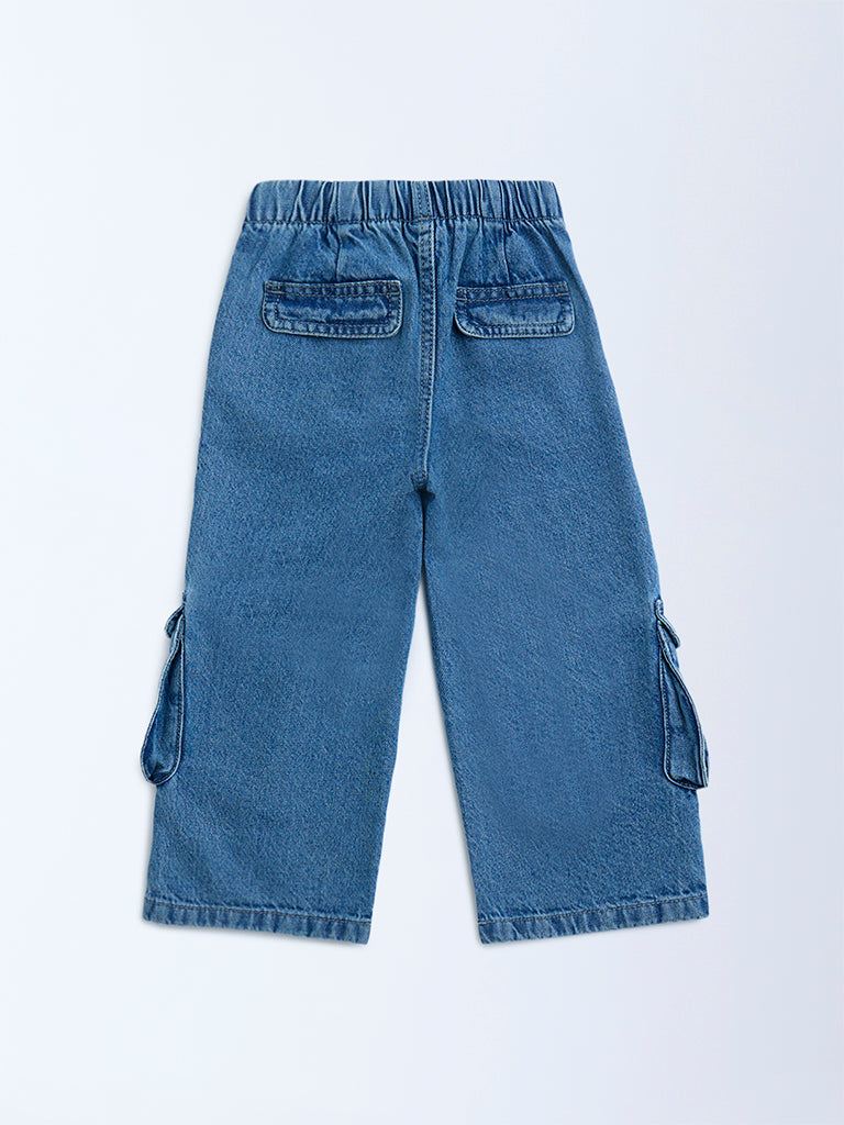HOP Kids Blue Bow-Detailed Wide-Leg High-Rise Jeans