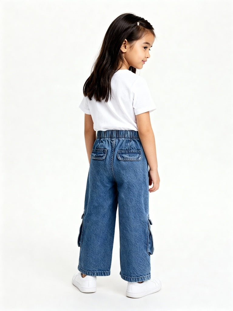 HOP Kids Blue Bow-Detailed Wide-Leg High-Rise Jeans