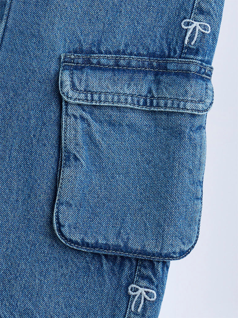 HOP Kids Blue Bow-Detailed Wide-Leg High-Rise Jeans