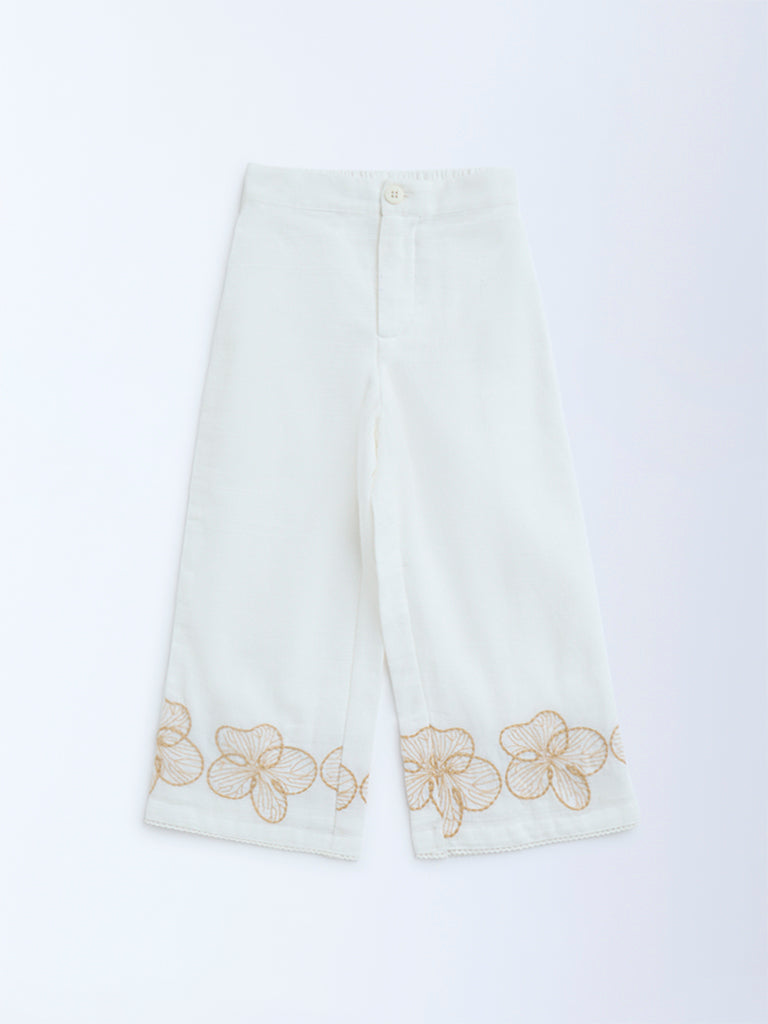 HOP Kids Kids White Floral Embroidered High-Rise Cotton Trousers
