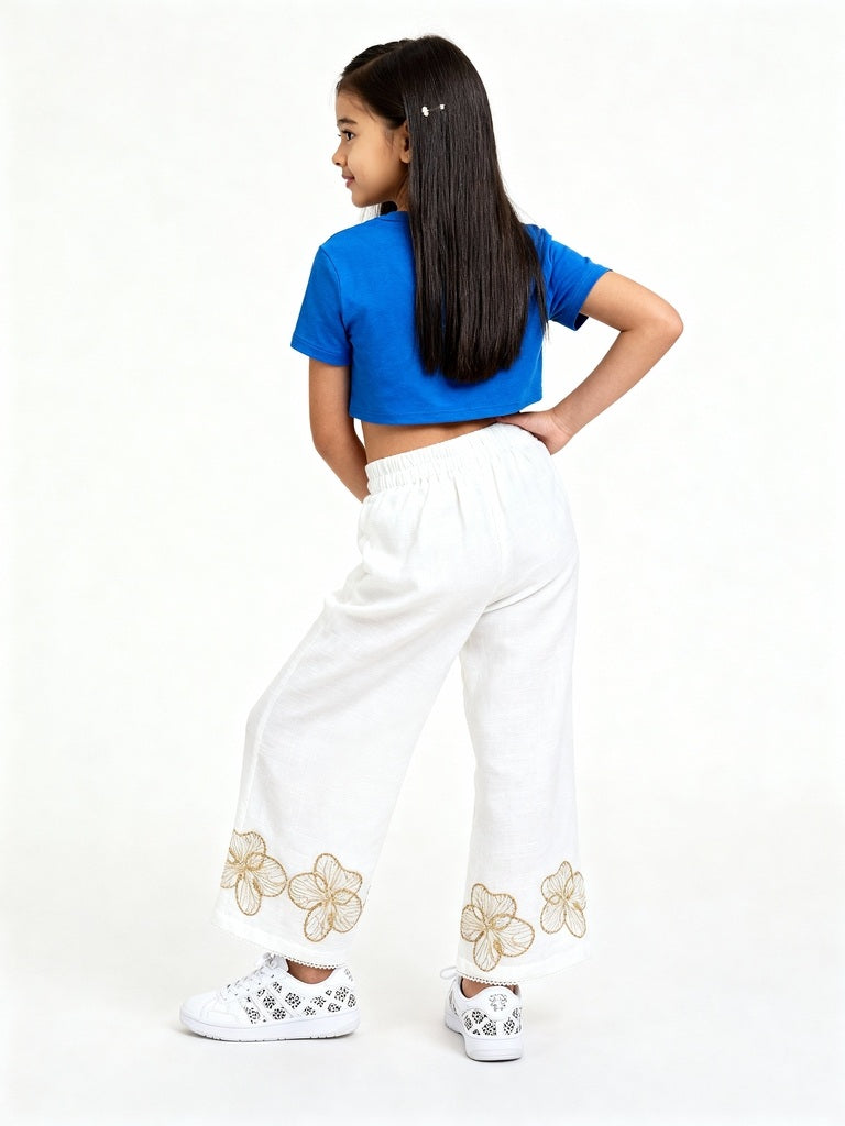 HOP Kids Kids White Floral Embroidered High-Rise Cotton Trousers