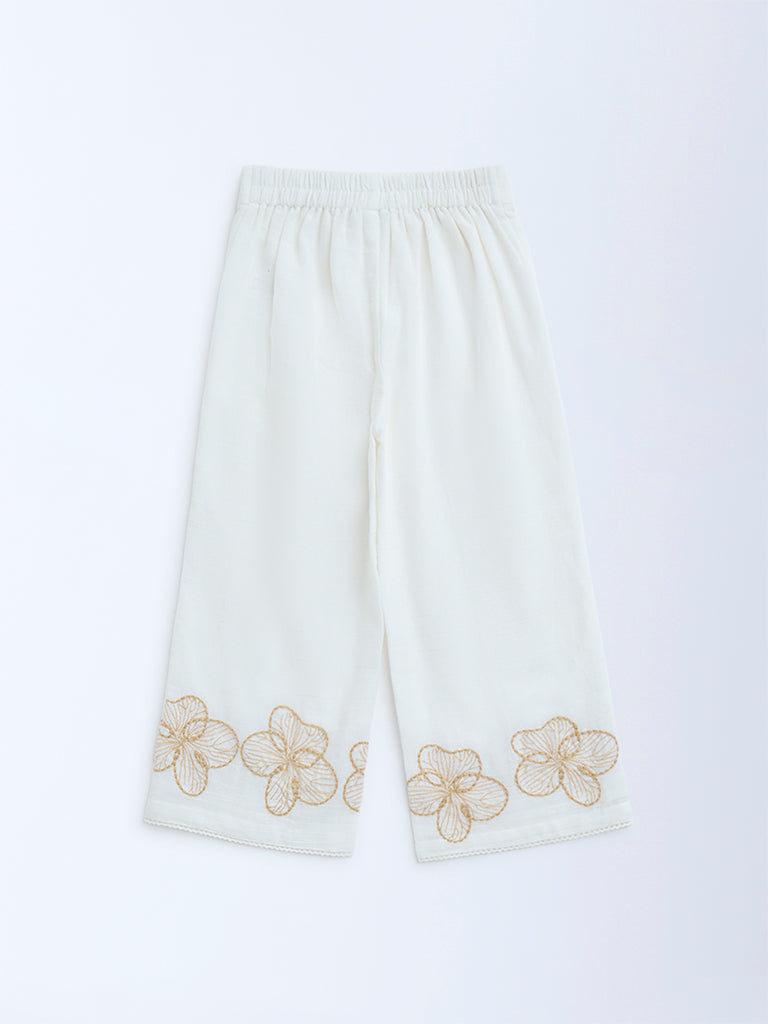 HOP Kids Kids White Floral Embroidered High-Rise Cotton Trousers