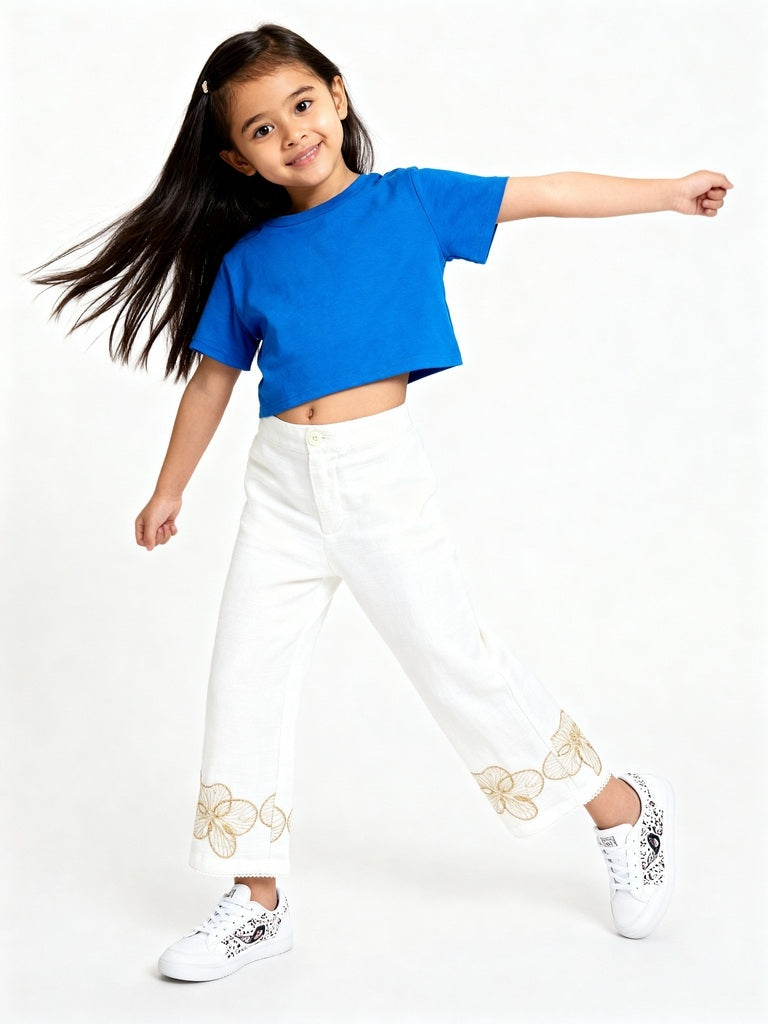 HOP Kids Kids White Floral Embroidered High-Rise Cotton Trousers