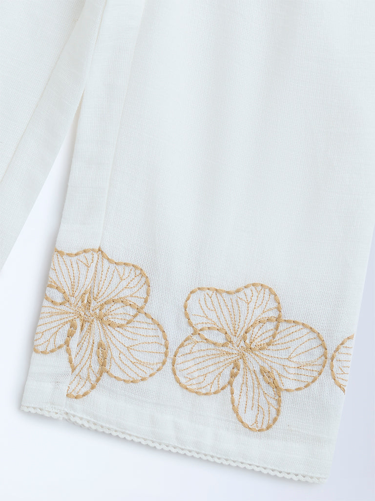 HOP Kids Kids White Floral Embroidered High-Rise Cotton Trousers