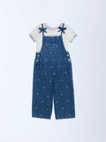 HOP Kids Blue Embroidered Denim Dungaree with T-Shirt Set