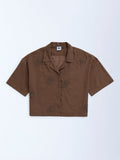 Y&F Kids Dark Brown Floral Embroidered Cotton Shirt