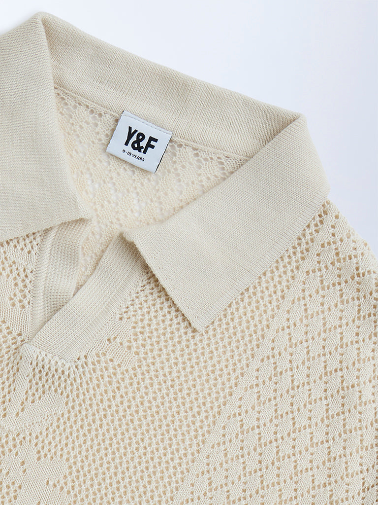Y&F Kids Beige Knit-Textured Cotton Sweater