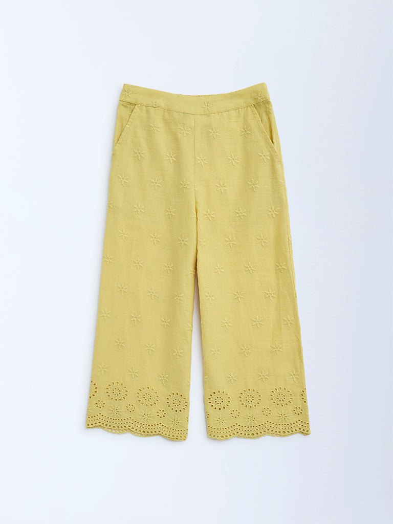 Utsa Kids Yellow Schiffli Detailed Cotton Ethnic Pants - (2-8yrs)