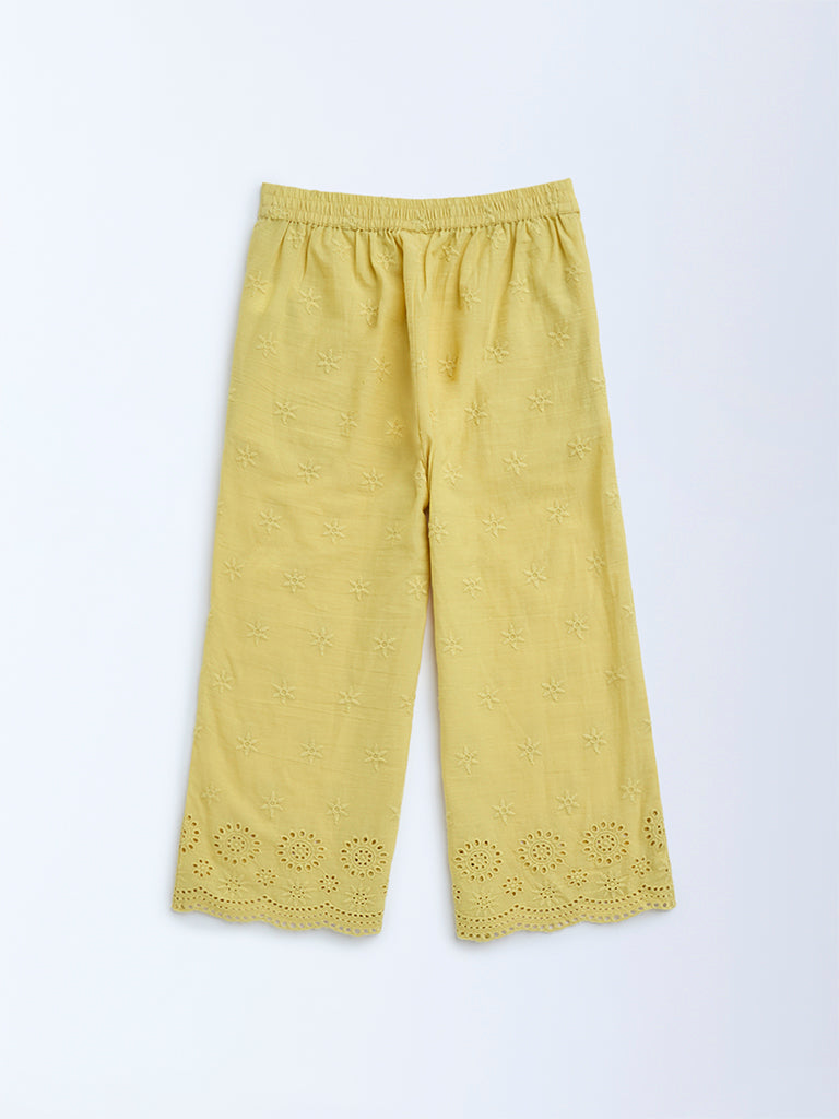 Utsa Kids Yellow Schiffli Detailed Cotton Ethnic Pants - (2-8yrs)