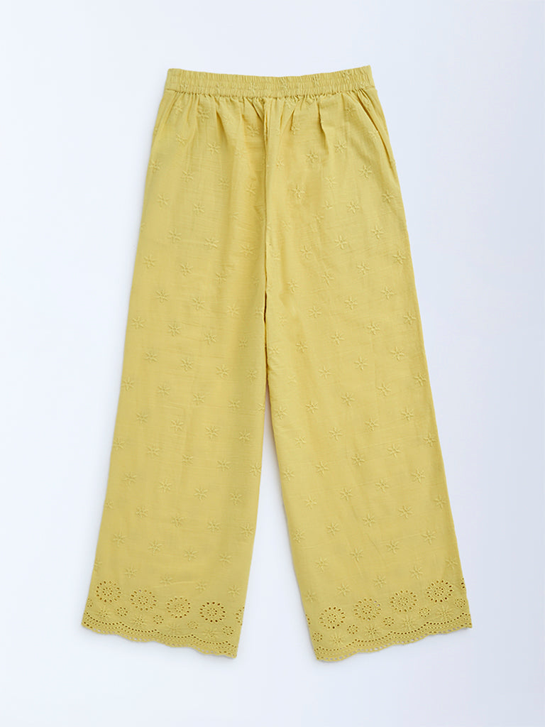 Utsa Kids Yellow Schiffli Detailed Cotton Ethnic Pants - (8-14yrs)