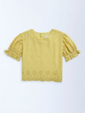 Utsa Kids Yellow Schiffli Design Cotton Ethnic Top - (8-14yrs)