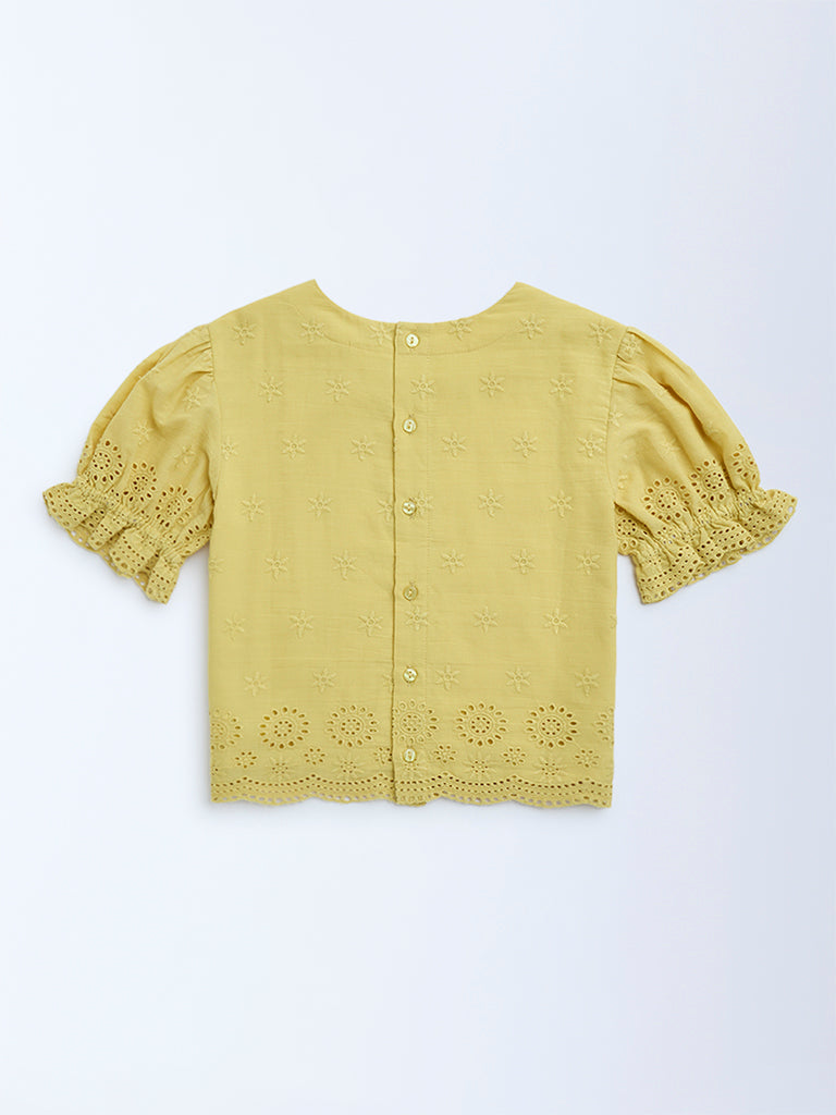 Utsa Kids Yellow Schiffli Design Cotton Ethnic Top - (8-14yrs)