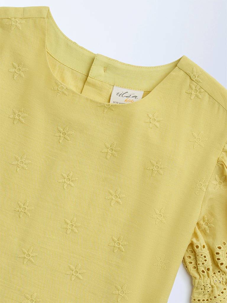 Utsa Kids Yellow Schiffli Design Cotton Ethnic Top - (8-14yrs)