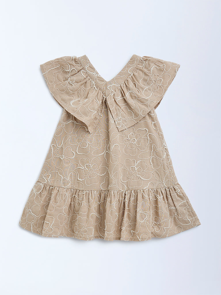 HOP Kids Brown Floral Embroidered Cotton A-Line Dress