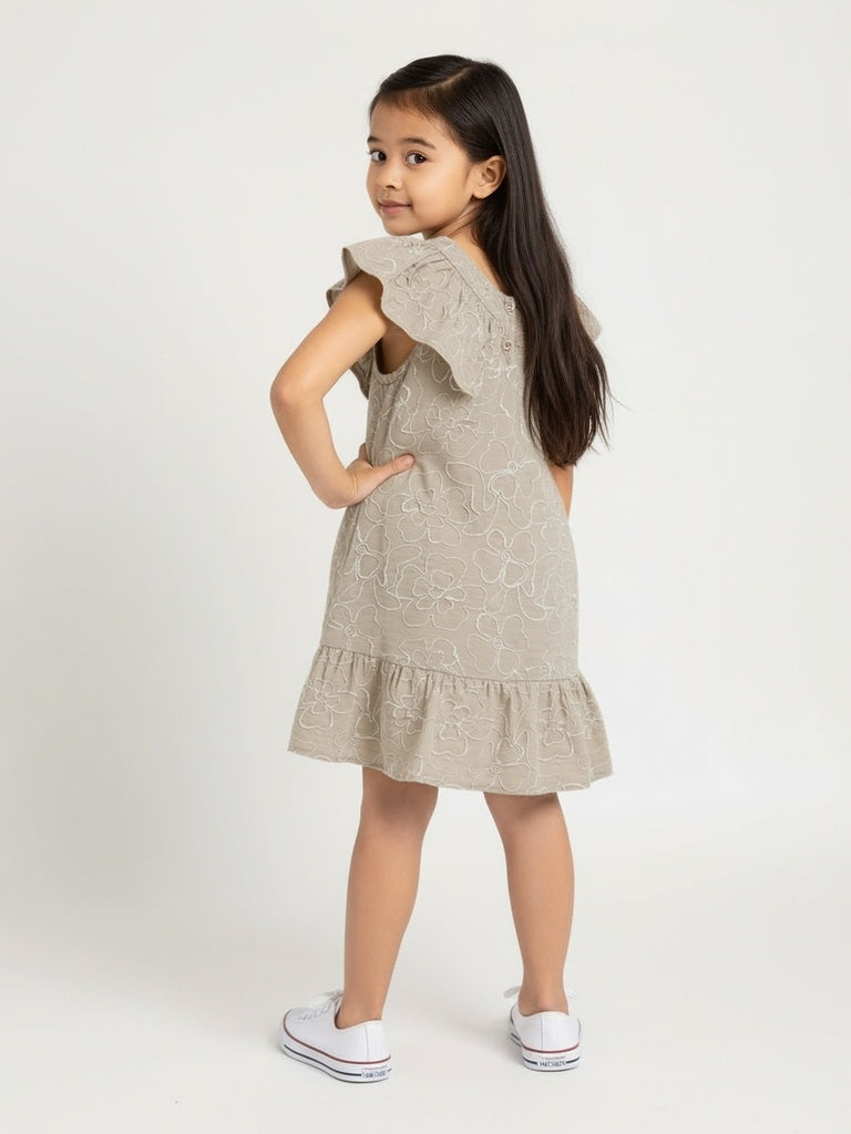 HOP Kids Brown Floral Embroidered Cotton A-Line Dress