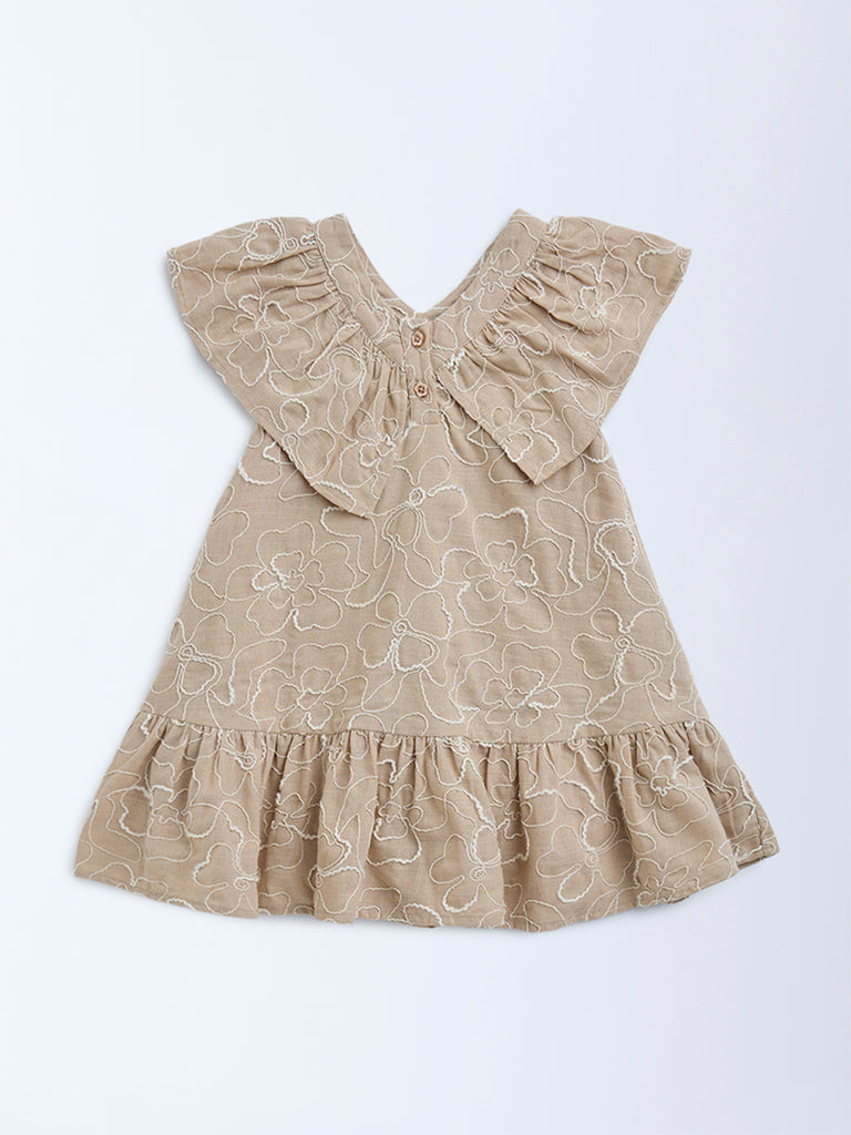 HOP Kids Brown Floral Embroidered Cotton A-Line Dress
