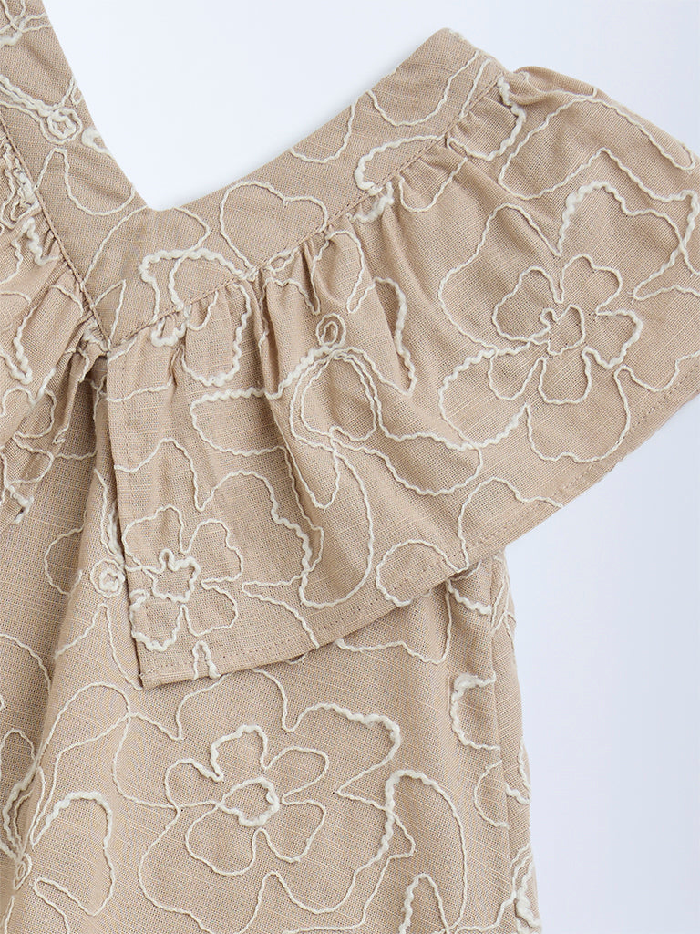 HOP Kids Brown Floral Embroidered Cotton A-Line Dress